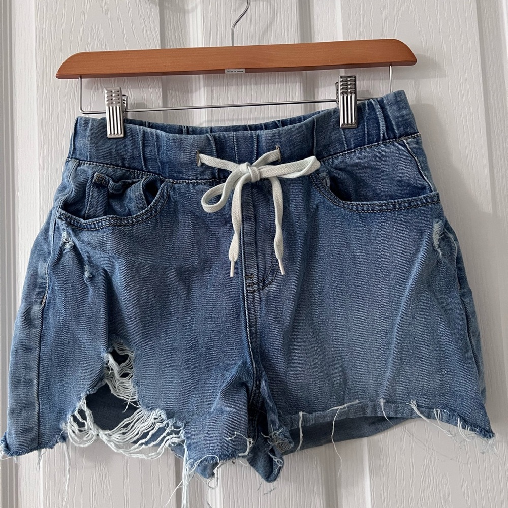 Rewash Blue Jean Shorts Distressed Elastic Waist with drawstring.  Med